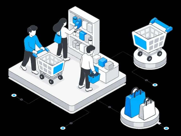 Isometric illustration of shoppers browsing store shelves with carts and shopping bags