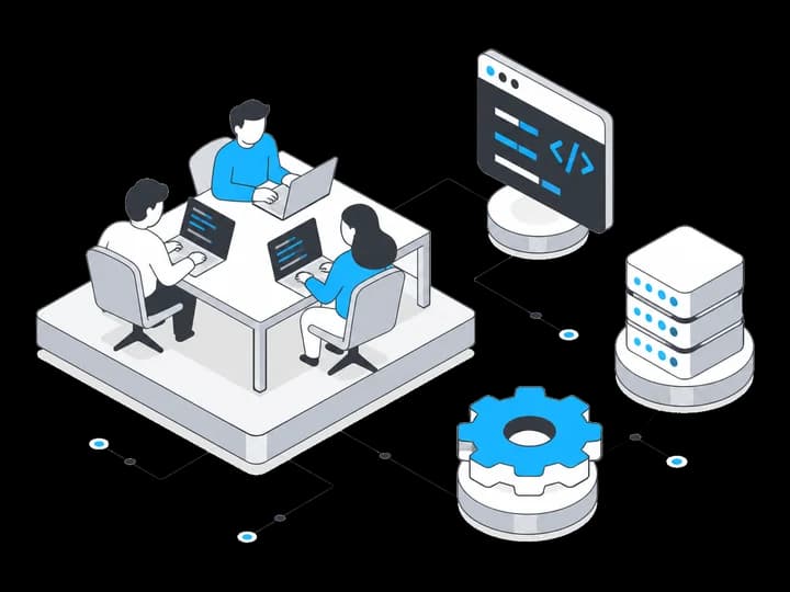 Isometric illustration of developers coding on laptops beside a code editor window, a server rack, and a gear