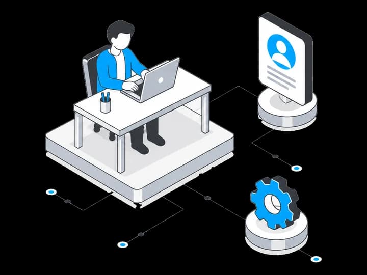 Isometric illustration of a business owner working at a laptop beside a customer profile card and a settings gear