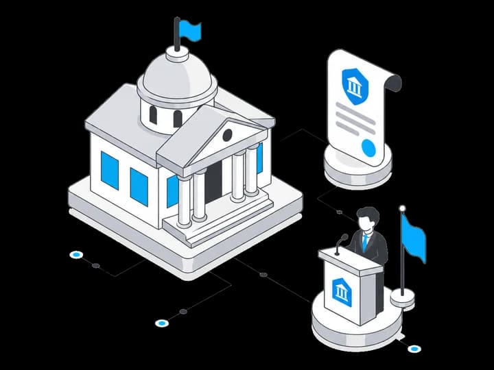 Isometric illustration of a domed government building with a flag, an official document with a shield seal, and a speaker at a podium