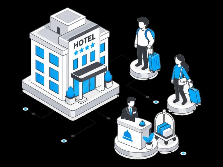 Isometric illustration of a four-star hotel with travellers wheeling suitcases towards a reception desk