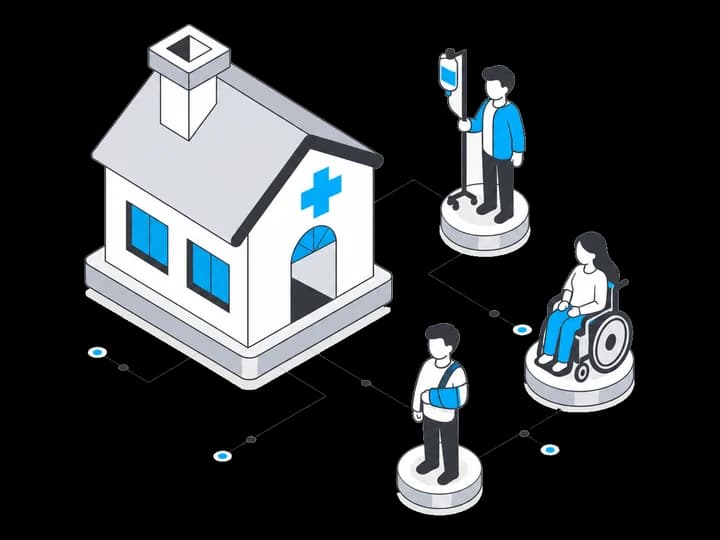 Isometric illustration of a clinic with a medical cross, a patient on an IV drip, a patient in a wheelchair, and a patient with an arm in a sling