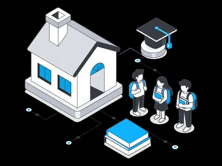 Isometric illustration of a school building with three students carrying backpacks and books, a graduation cap, and a stack of textbooks
