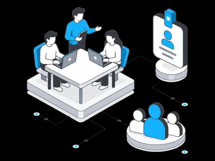 Isometric illustration of a support team working on laptops around a table while a colleague presents